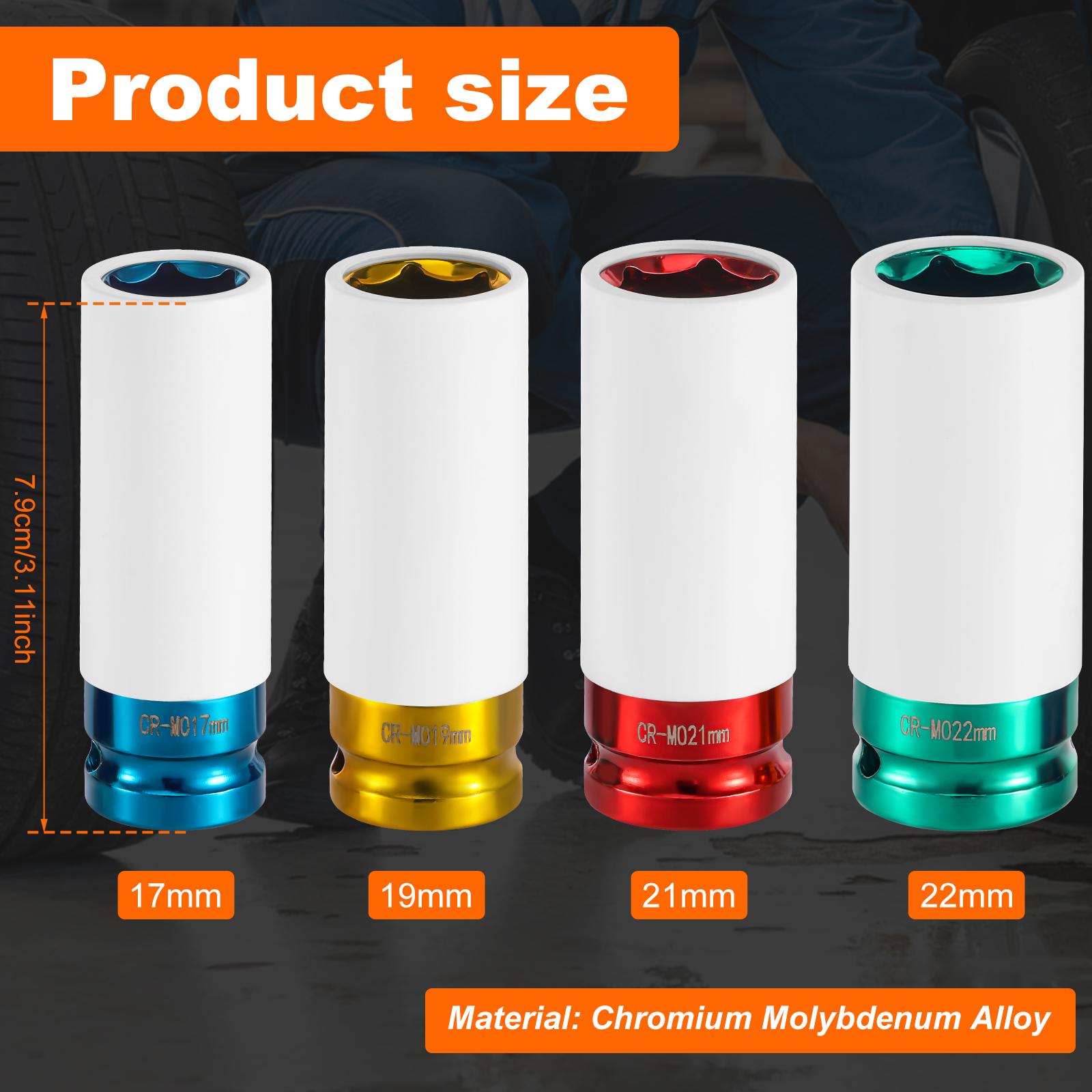 

1/2 Inch Drive Wheel Protector Impact Socket Thin Wall Deep Impact Socket Set Plastic Sleeve Lug Nut 17mm, 19mm, 21mm, 22mm