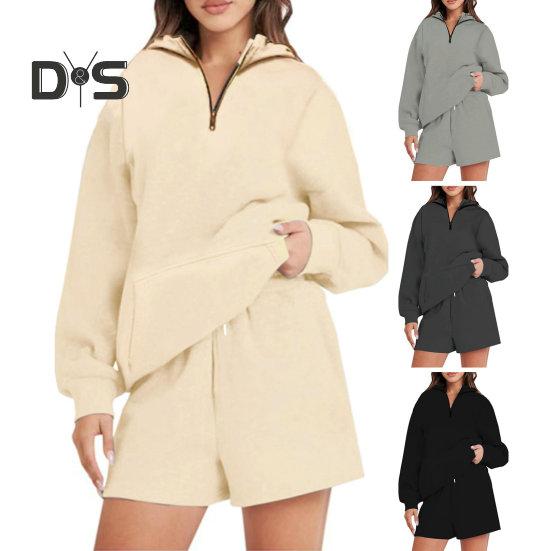 

Women Tracksuit Spring Autumn Two Piece Short Sets Casual Long Sleeve Hooded Sweatshirt Drawstring Elastic Waist Shorts Sportswear Pant Suit Female