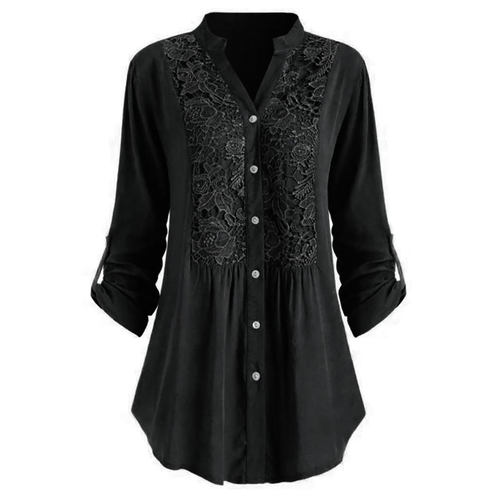 Camicia a maniche lunghe con scollo a V e bottoni in pizzo, comoda e casual, da donna, taglie forti
