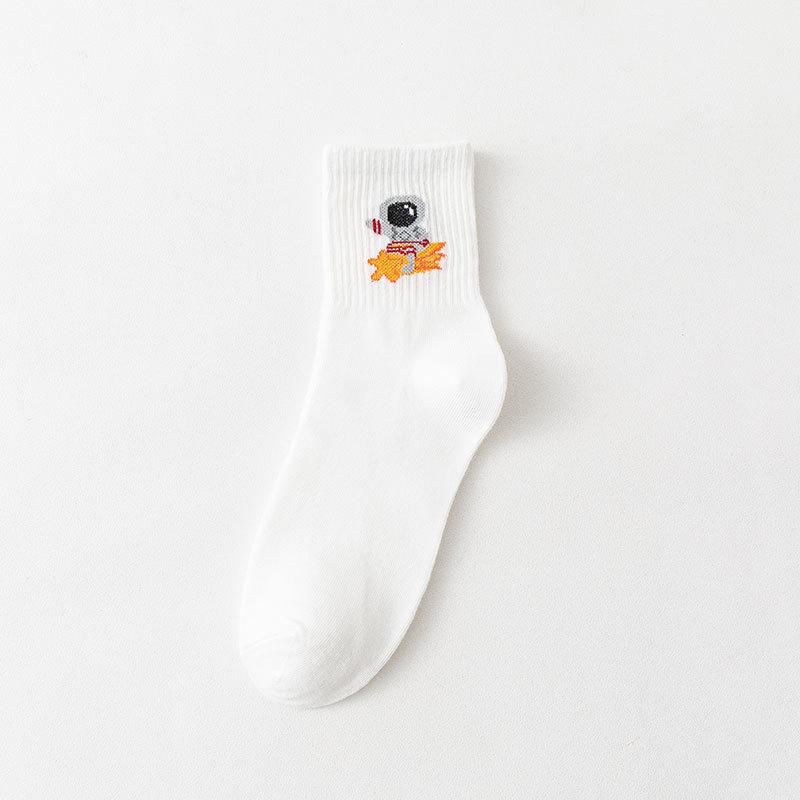 Autumn and Winter Women's Socks Mid-calf White Cartoon Student Bear Rainbow Letter Heart Smiling Face Striped Sports