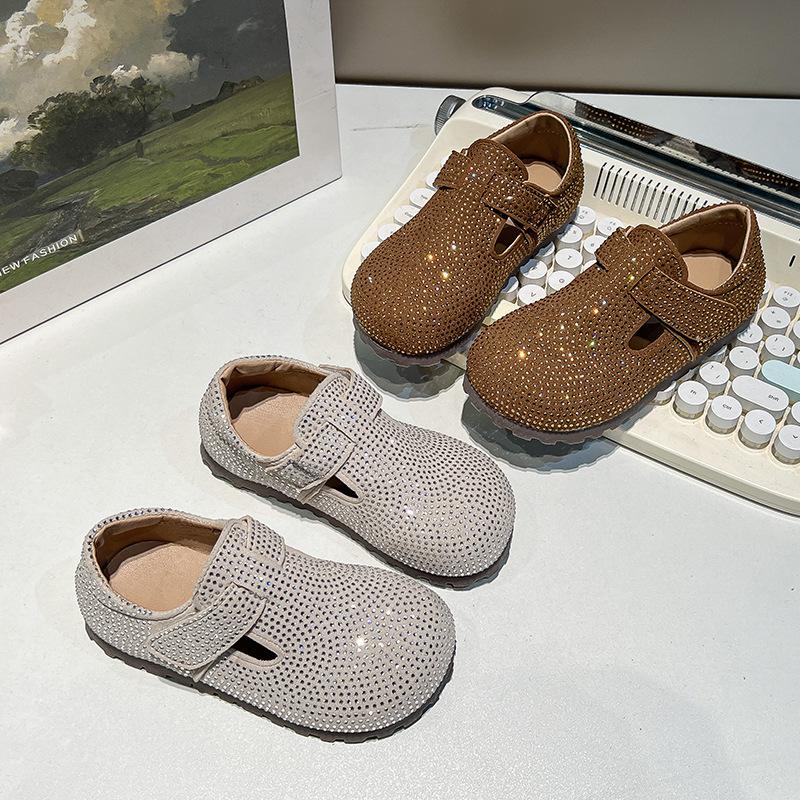 Foreign style girls fashion rhinestone Birkenstocks 2025 autumn new children's soft-soled comfortable leather shoes casual shoes single shoes