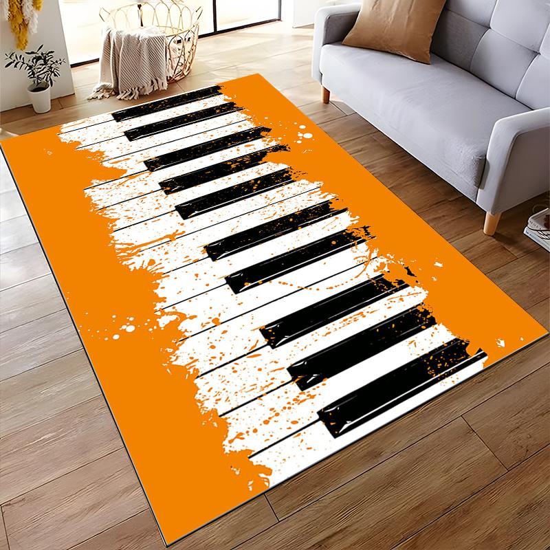 Artistic Rug with Black and White Piano Keys on Orange Background Suitable for use as an anti-slip game mat for living room and bedroom sofas
