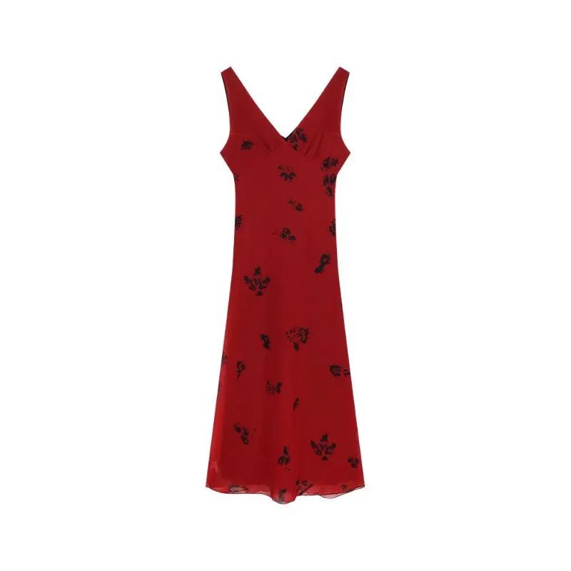 Robe d'été élégante coréenne pour femme, décontractée, à imprimé floral, col en V, midi, style plage, dos nu, sexy, slim, à bretelles