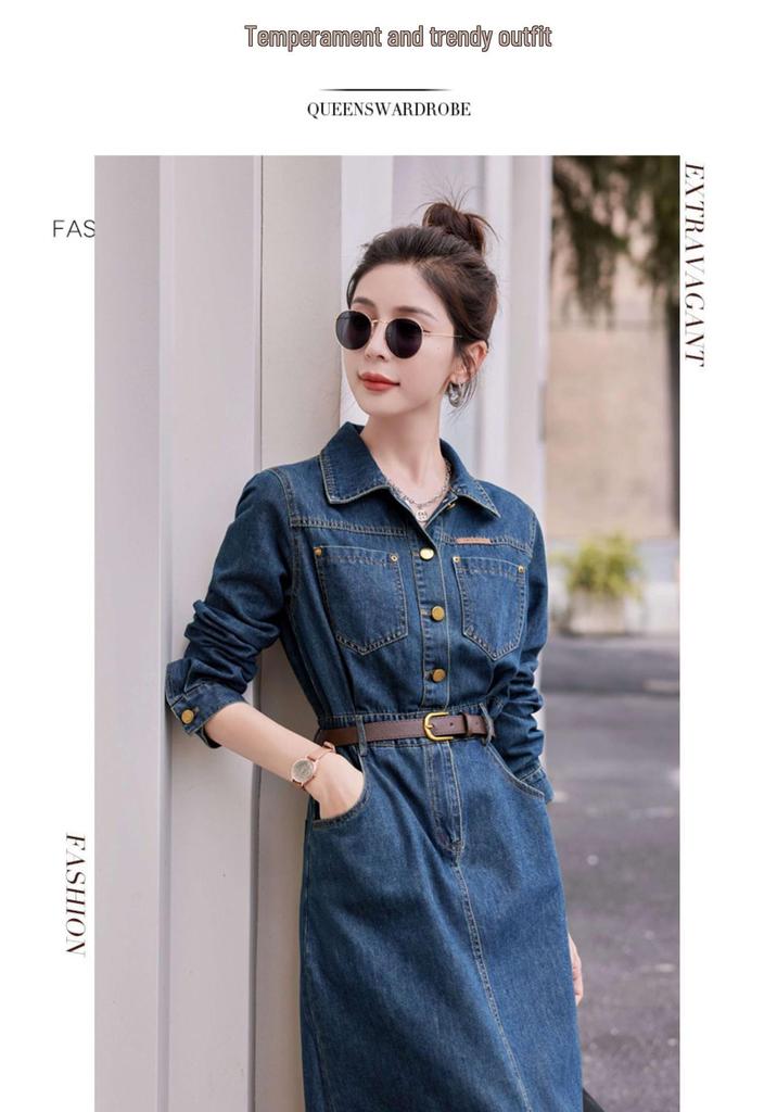 Trendy Slimming Denim Dress for Women - 2026 Spring/Autumn Style with Waist-Cinching, Flattering Fit & Lapel Design