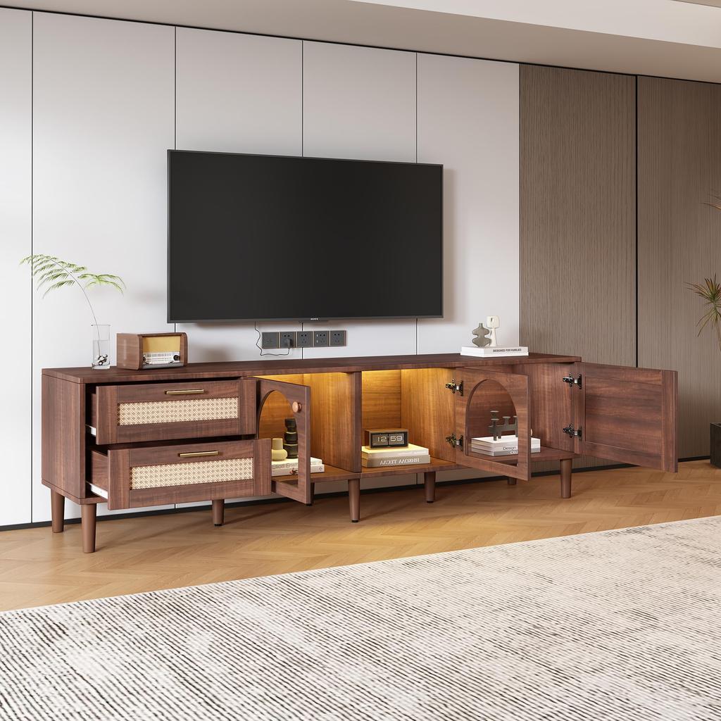 TV Board TV-Schrank Lowboard 2 Schubladen, 2 gewölbten Glastüren, 1 Rattan-Tür, TV-ständer Fernseher bis zu 80 Zoll, 180 cm, Wohnzimmer, Braun