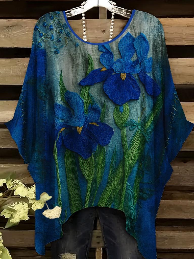 Blue iris women's large-size short-sleeved T-shirt, irregular hem design, casual and comfortable