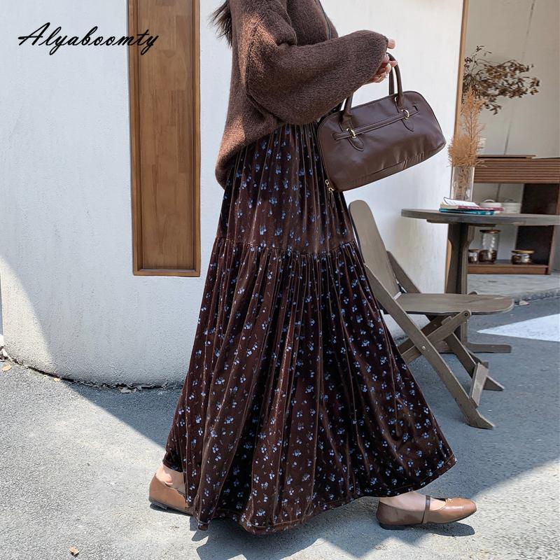 Koreanische Mode Herbst Winter Damen Samtrock Hohe Taille Blumendruck Schwarz Braun Midirock Vintage Elegant Feminin Rüschenrock