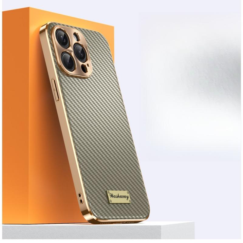 Suitable for Apple 16promax Phone Case, Carbon Fiber Texture Iphone15 Anti-drop 14 Business 13 Electroplated Leather Case