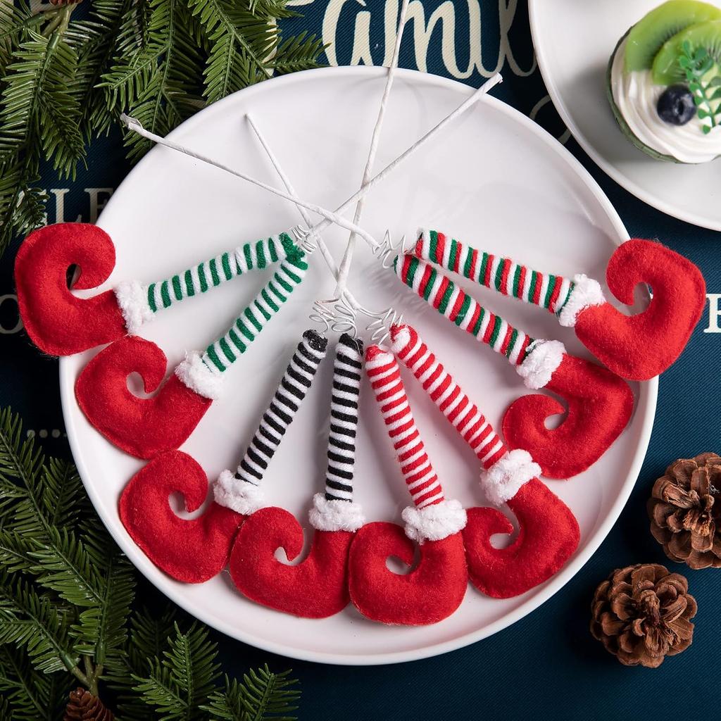 4 PCS Christmas Elf Legs Picks-Elf Feet Tree Ornaments with Fixed Wire-Striped Plush Stuffed Elf Leg Picks for Christmas Tree Party Home Decorations