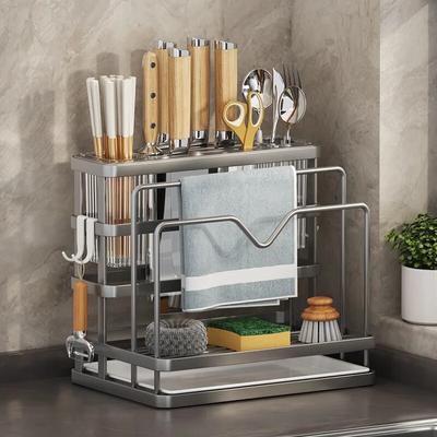 Porte-couteau en acier inoxydable, support de cuisine, comptoir de ménage, planche à découper, support de rangement pour couteaux intégré