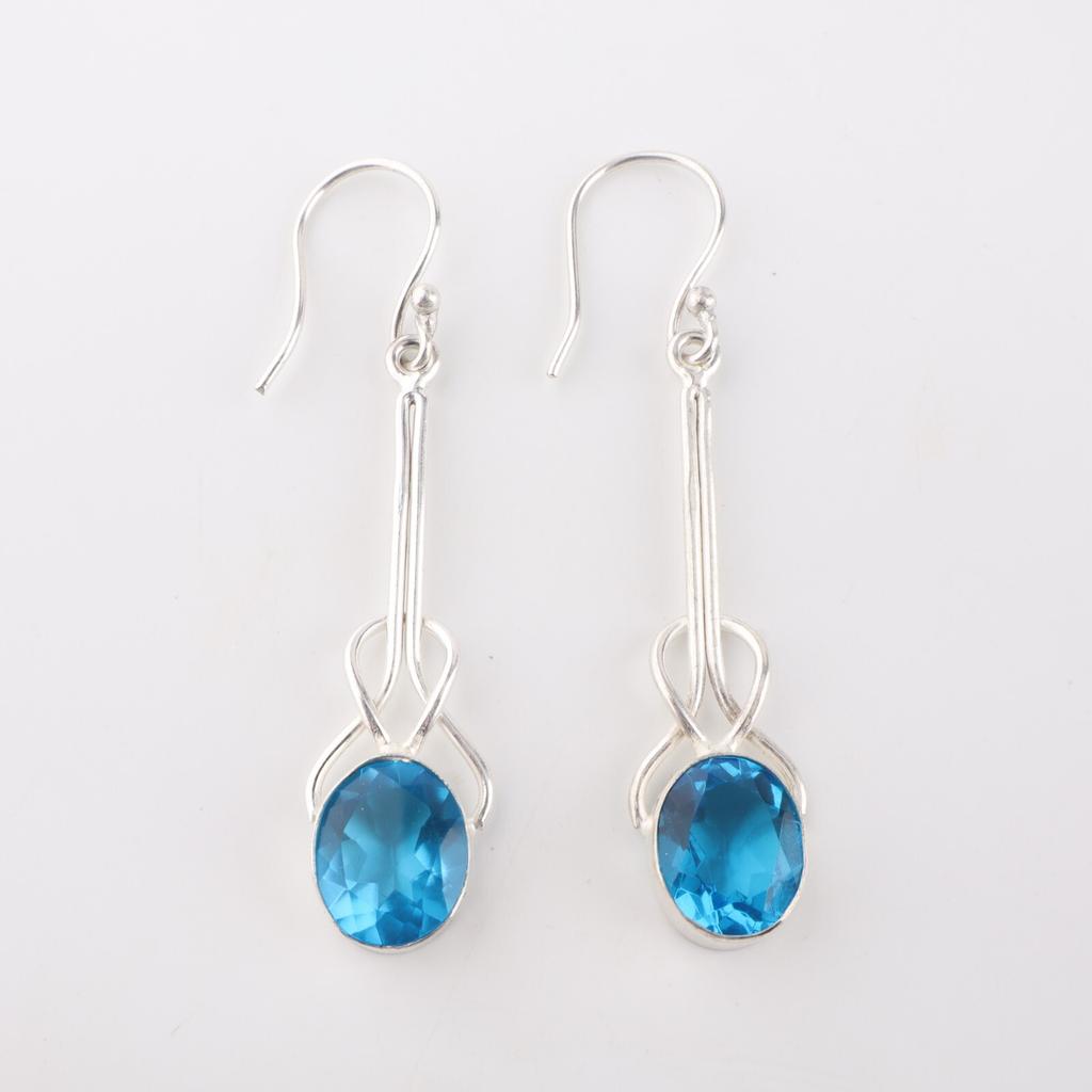 Natural Swiss Blue Topaz Gemstone 925 Sterling Silver Handcrafted Earrings 1.76" EE-171-1