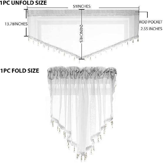 Beaded Triangle Sheer Valance Curta for Living Room,Rod Pocket Farmhouse Window Valance, Bead Trim Tassel Voile Sheer Curtain Valance for Bedroom