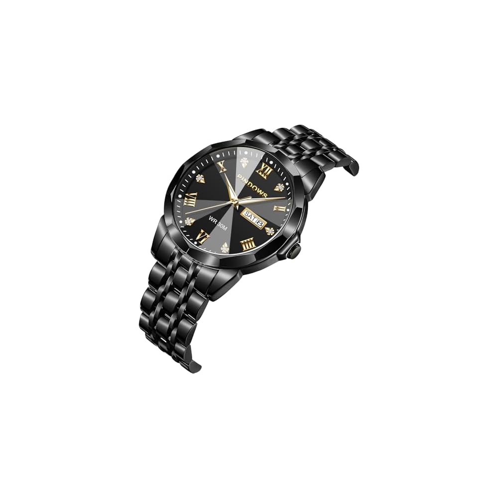 PINDOWS Men's Analog Quartz Watch with Diamond, Waterproof, Luminous Date, Stainless Steel Band