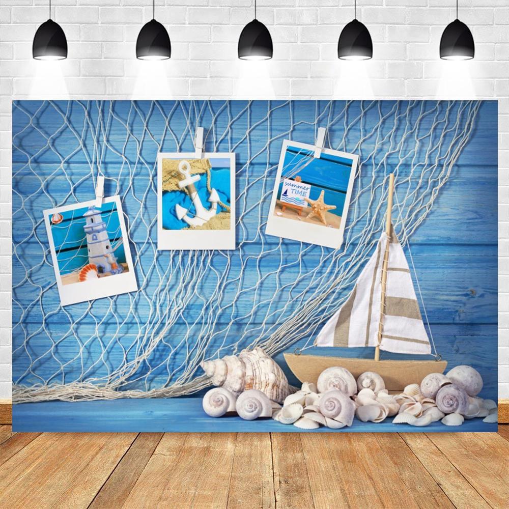 Nautical Theme Baby Party Background for Photography, Sailboat, Boat, Starfish, Wooden Board, Sailor Portrait, Photo Background