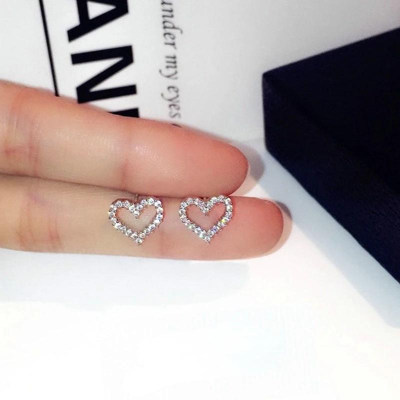 Korean Earrings S925 Silver Color Heart Bling Zircon Stone Stud Earrings for Women Fashion Jewelry 2024 Trend