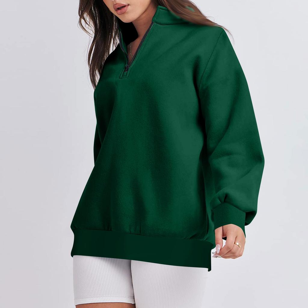 Women's Casual Fashion Long Sleeve Solid Color Zip Sweatshirt Top