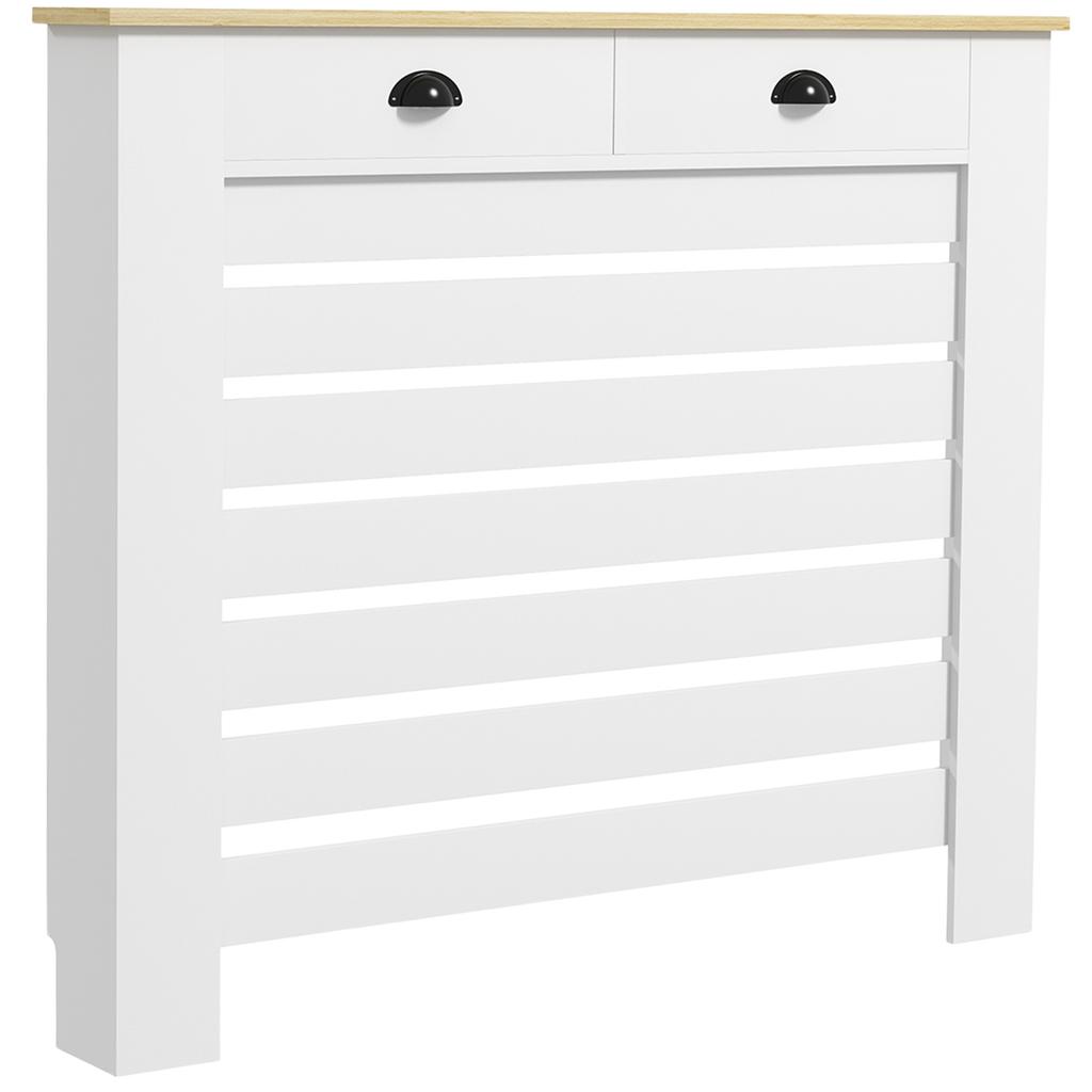 Radiator cover with horizontal slatted grille and 2 wooden drawers, 111W x 19D x 95.5H cm, white
