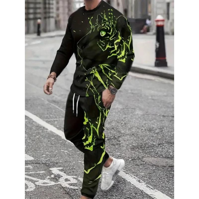 Men's Long-sleeved Set 3D Printed Lion Animal Pattern Fashion Casual Street Wear Crewneck Sweatshirt And Trousers Jogging Suit