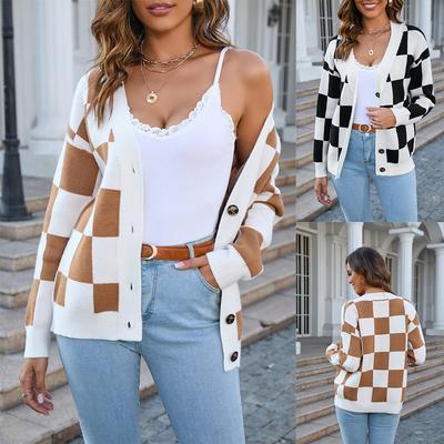 2023 Autumn/winter Women's Plaid Sweater Large Size Patchwork Cardigan Knit Coat