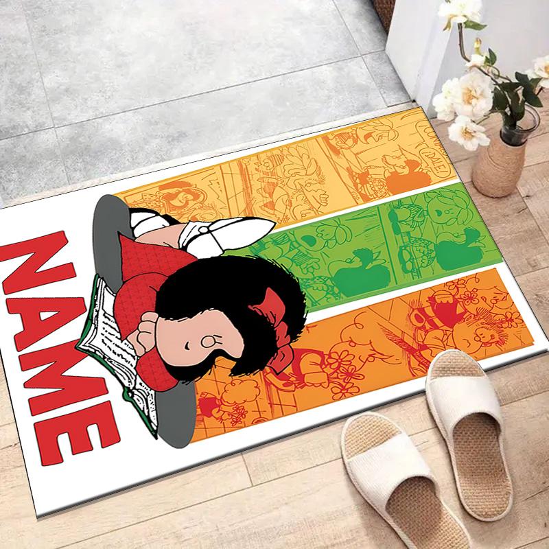 Custom Mafalda Mat Personalized Name, Polyester Washable Indoor Entryway Rug, Gift for Christmas, Easter, Thanksgiving Day