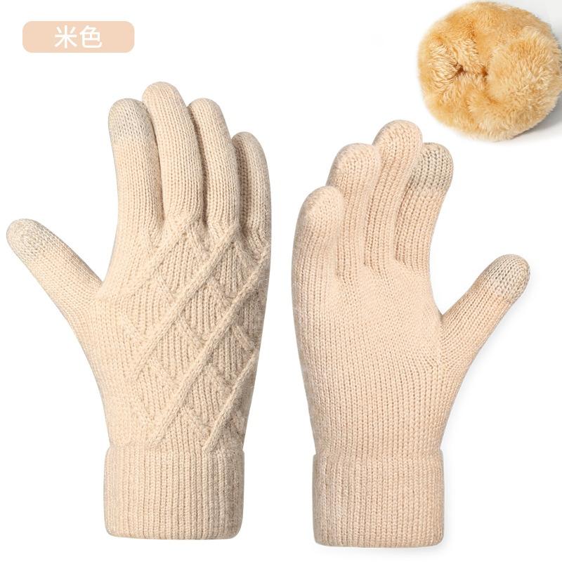 Women's Autumn and Winter Knitted Gloves Double-layer Velvet Thickened Thermal Gloves Simple Jacquard Touch Screen Gloves