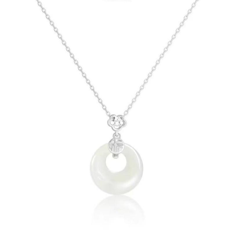 Sterling Silver Fu Character Hetian Jade Lucky Pendant Necklace - Women s Chinese National Style Clavicle Chain Sterling Silver