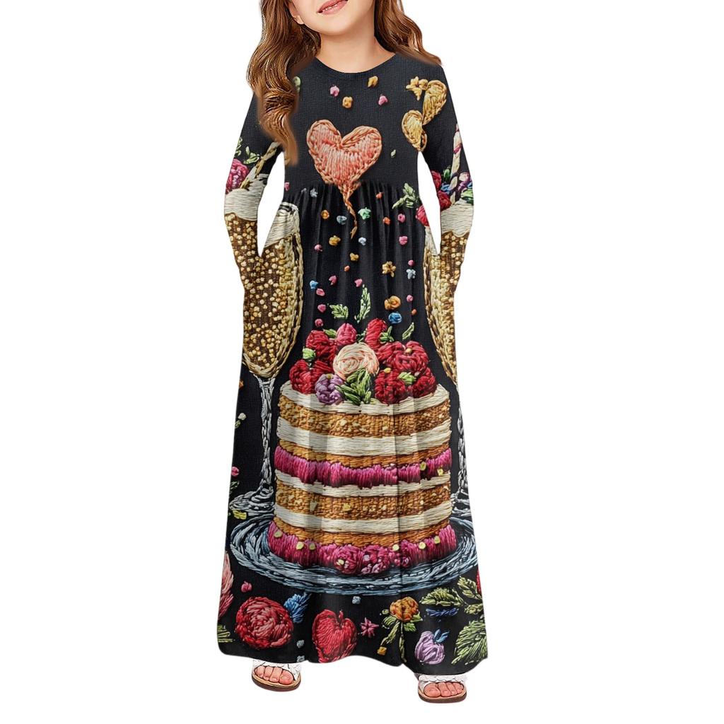 Girls' Maxi Dress - Long Sleeve Pocket Dress Valentine's Day
