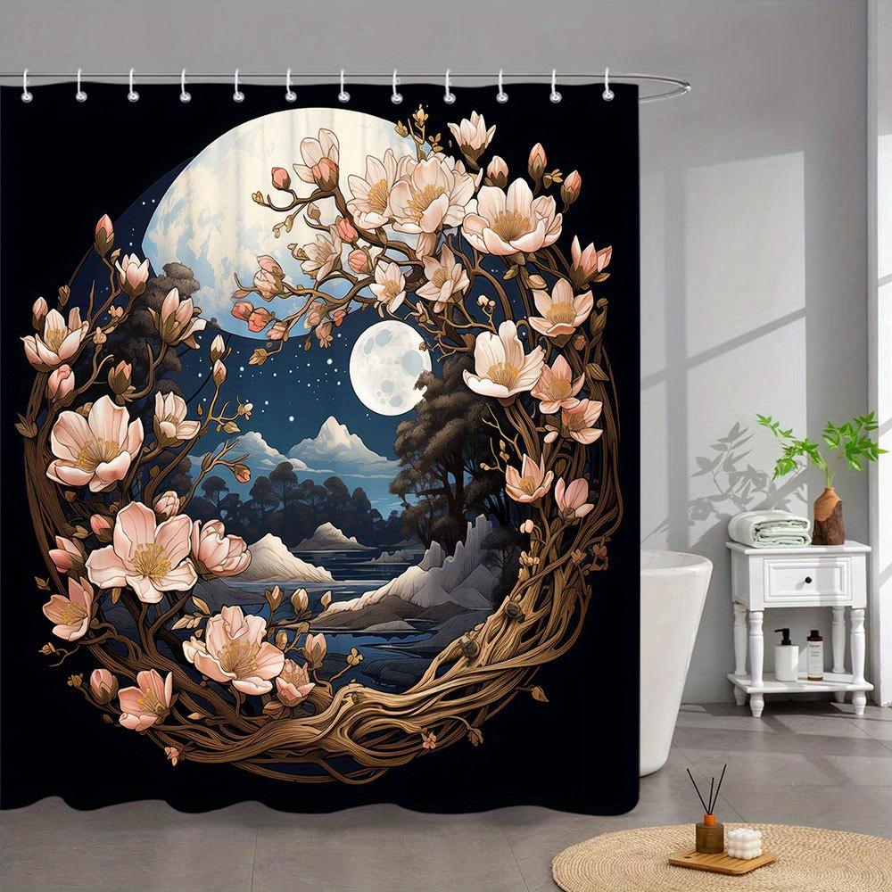 

1pc Magnolia Moonlight Bath Curtain - Blooming Pink Flowers, Tranquil Lake Reflection, Dark Forest Silhouette, Polyester Shower 90x180cm