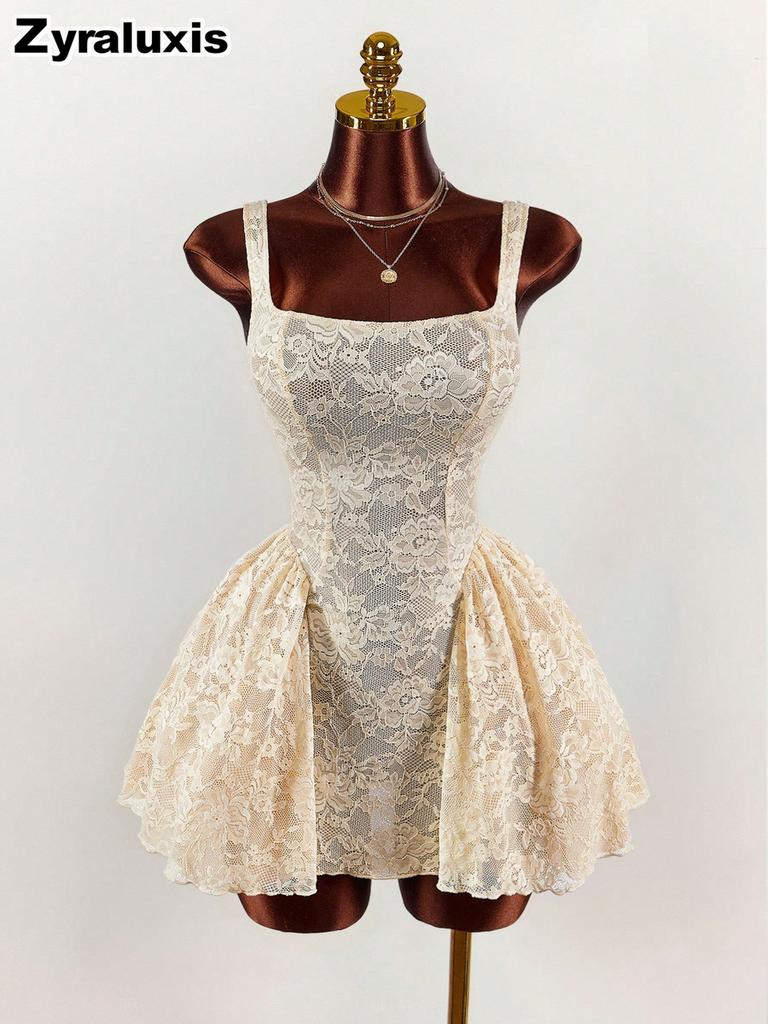 New Women's White Lace Dress, Square Neck Wide Belt Empire Waist Ruffled Short Skirt
