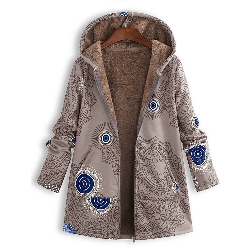 Giacca da donna con cappuccio taglie forti con stampa floreale vintage in peluche composito spesso con cerniera a maniche lunghe