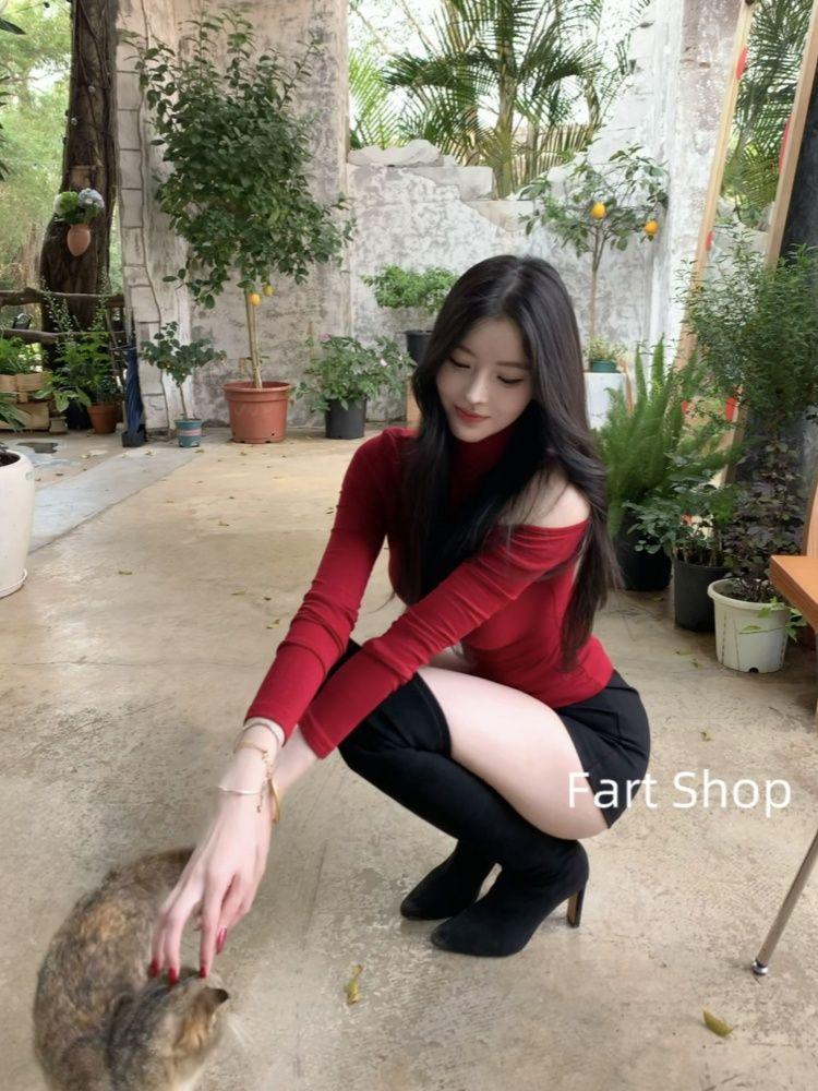 260g Cotton Modal American Spicy Girl High Neck Off-Shoulder Slimming Bodycon Waist-Cinched Chic Casual Top