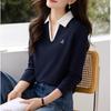Casualowy T-shirt z kontrastowym kołnierzykiem polo, luźny, jesienny, z haftem, modny, z długim rękawem, kontrastowy top bazowy dla kobiet, T-shirty damskie
