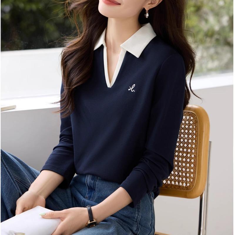 Casualowy T-shirt z kontrastowym kołnierzykiem polo, luźny, jesienny, z haftem, modny, z długim rękawem, kontrastowy top bazowy dla kobiet, T-shirty damskie