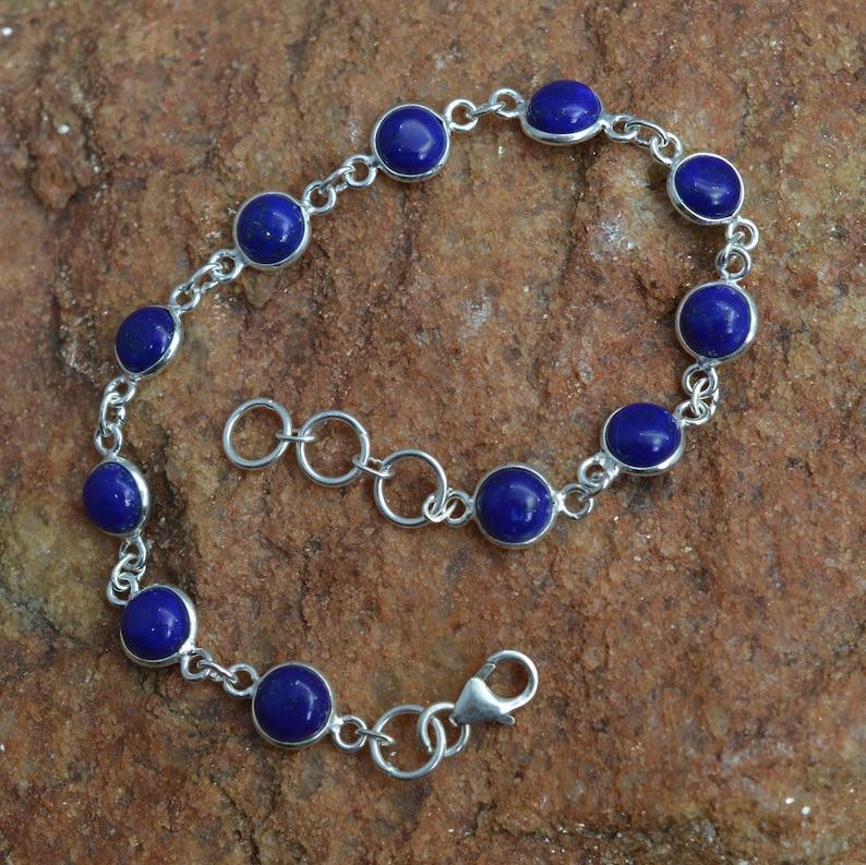 Solid 925 Sterling Silver Round lapis Lazuli Gemstone Handmade Boho Tennis Bracelet Gift For Her