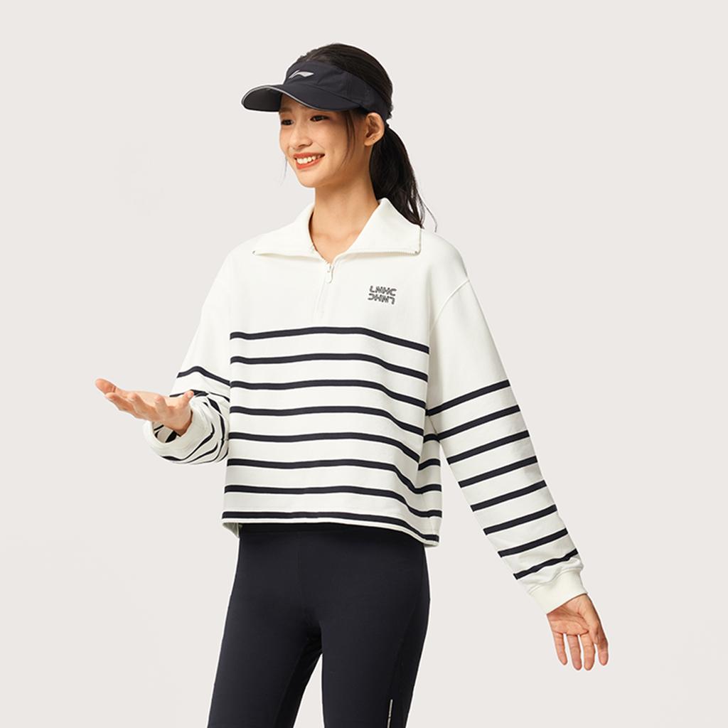 Li Ning Sports Lifestyle Serie Gestreiftes Buchstabenmuster Bequem Atmungsaktiv Vielseitig Polo Lockeres Sweatshirt Damen Sweatshirt Off-White Schwarz AWDV372-1