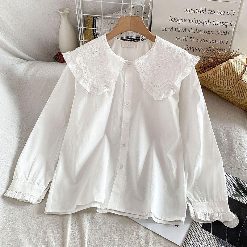 White Shirt Ruffled Loose Long-sleeved Top Autumn New Solid Color Doll Collar Shirt Women French Sweet S белый