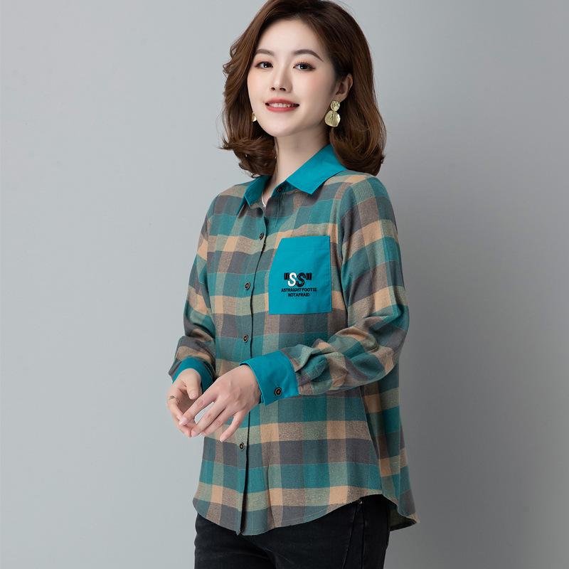 

Autumn Plaid Cotton Long Sleeve Shirt for Middle-Aged & Elderly Women - Casual Slim Fit with Lapel 2XL