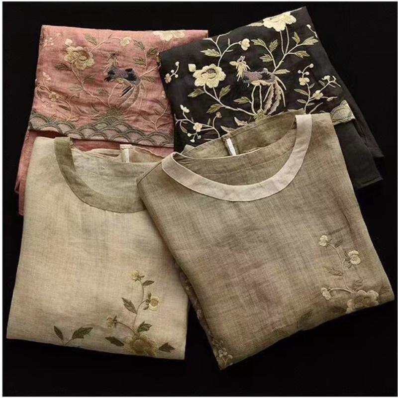 Blusen aus Baumwollleinen mit Blumenstickereien für Damen, klassisch, lockeres chinesisches Hemd, Oberteil, lässig, Retro, Rundhalsausschnitt, kurzärmelig, Sommerhemden