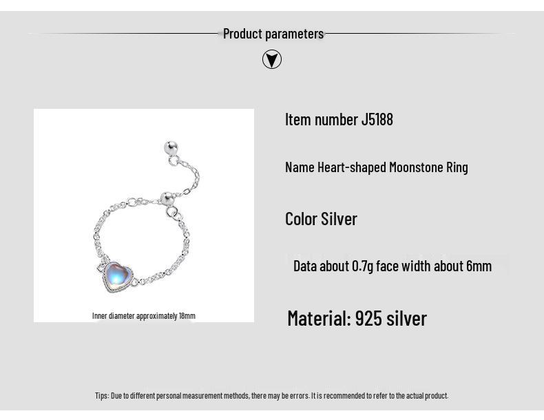 925 Sterling Silver Heart Moonstone Ring for Women - Simple Oval Naked Chain Index Finger Ring