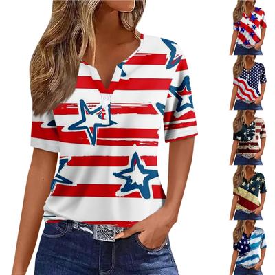 Damen T-Shirt mit Aufdruck „Unabhängigkeitstag“ und Knopfleiste, kurzärmelig, für den Alltag, Wochenende, modisch, Basic, V-Ausschnitt, normales Oberteil