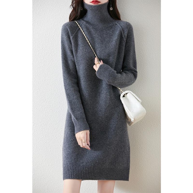 Damen Verdicktes Woll-Rollkragenkleid - Mittellang, Lockere Passform, Überschnittene Schulter, Herbst-/Winter-Stil