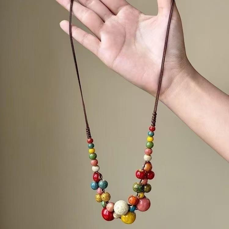 Bohemian ceramic color beaded necklace retro ethnic style weaving niche fashion ethnic style beaded ceramics