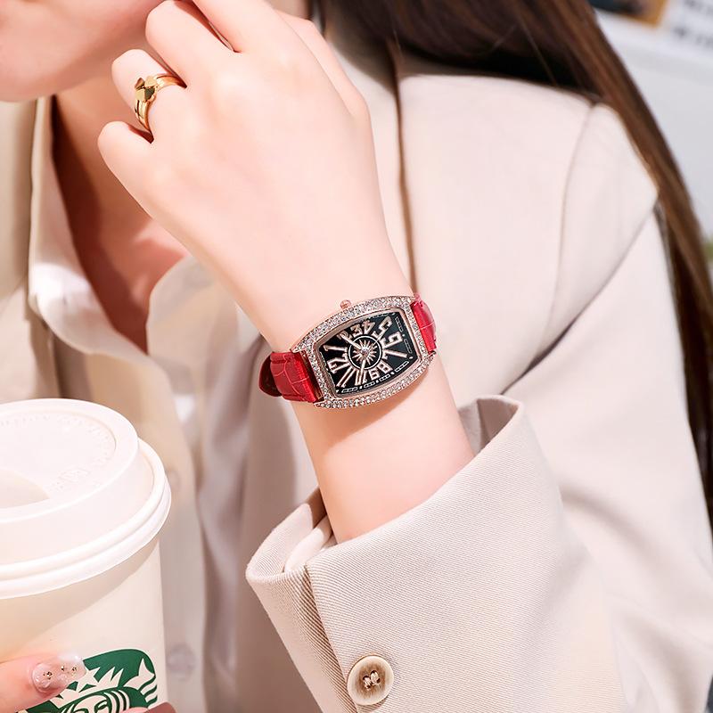 Ladies Leather Belt Rhinestone Watch Barrel-shaped Roman Numeral Wristwatch