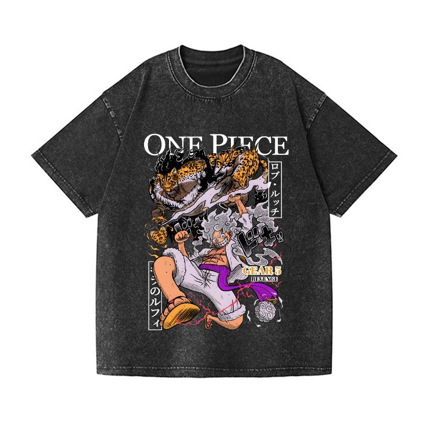 One Piece Gear 5 Luffy Vintage Wash Japanese Design T-Shirt High-quality Streetwear Men's Clothing 2026 Summer New Wash T Shirt