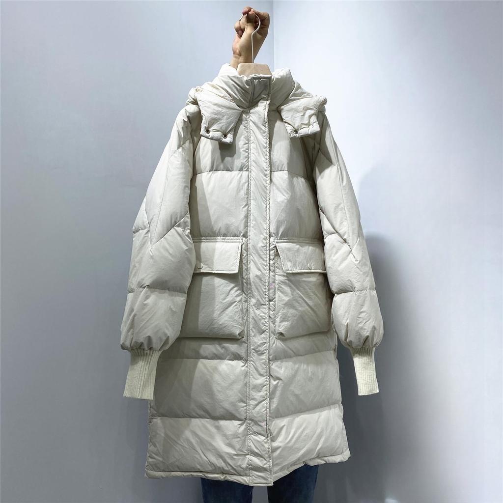 Hooded knee down jacket women's medium and long spring new loose big pockets thickened white duck down jacket