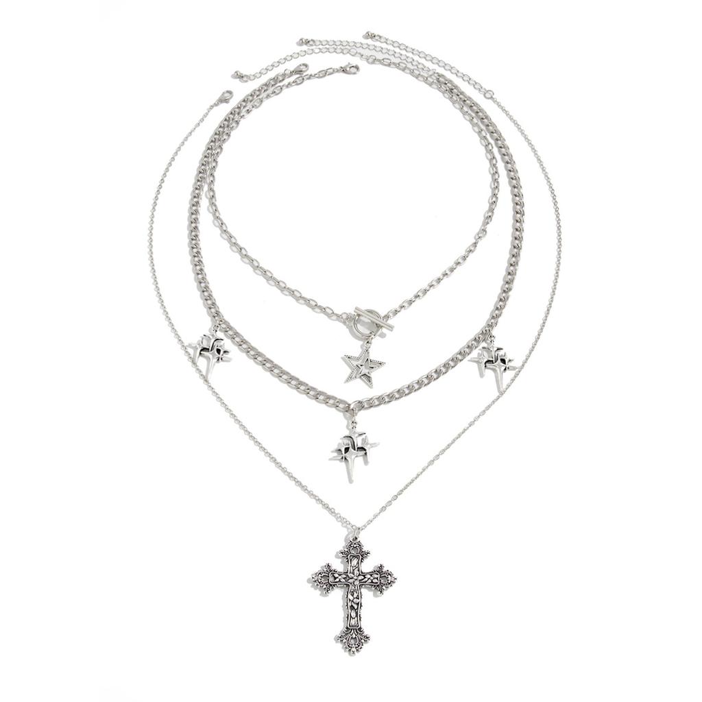 Hip Hop Style Cross Pentagram Pendant Necklace, Personality Shining Star Chain Collarbone Chain