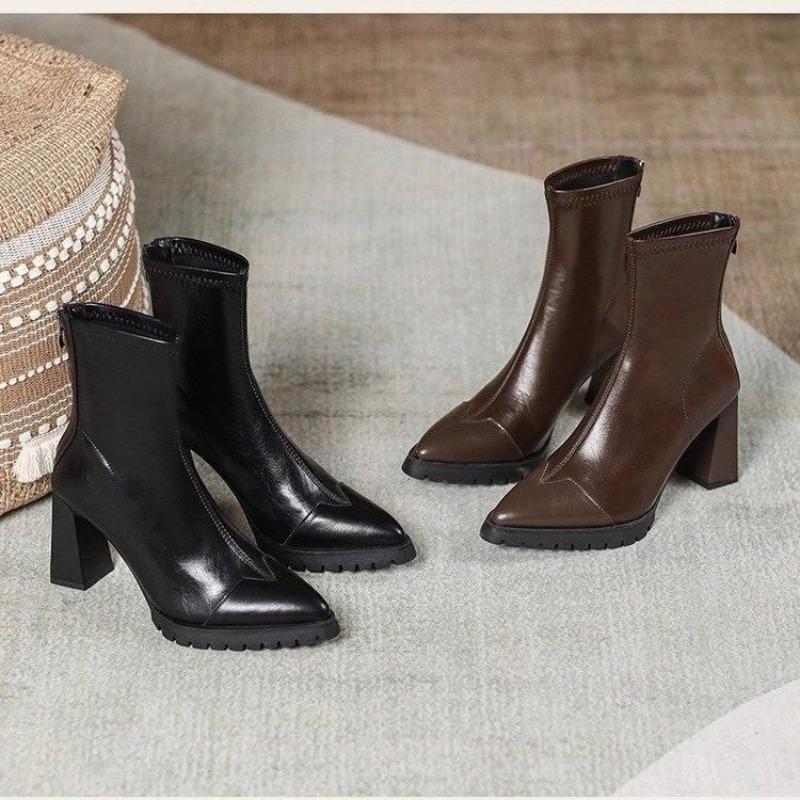 Block Heel Skinny Boots Fall Winter New Pointed Toe Way Leather Back Zip Platform Non-Slip Booties