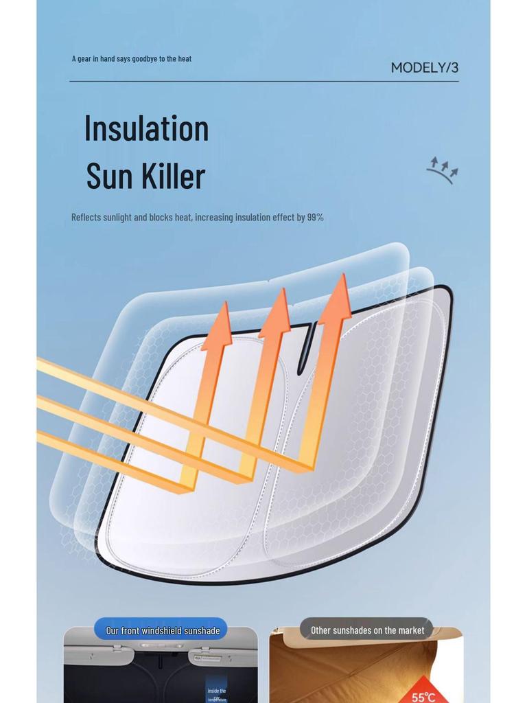 Osłona przeciwsłoneczna na przednią szybę Tesla Model Y/3: Izolacja cieplna i blokowanie światła