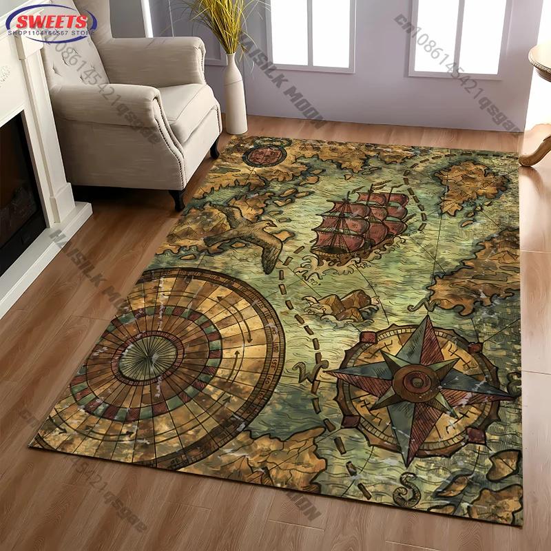 3D Vintage World Map Compass Print Carpet Area Rug for Bedroom Livingroom Dorm Kids Play Room Home Decor Mat Ten Festivals Gift