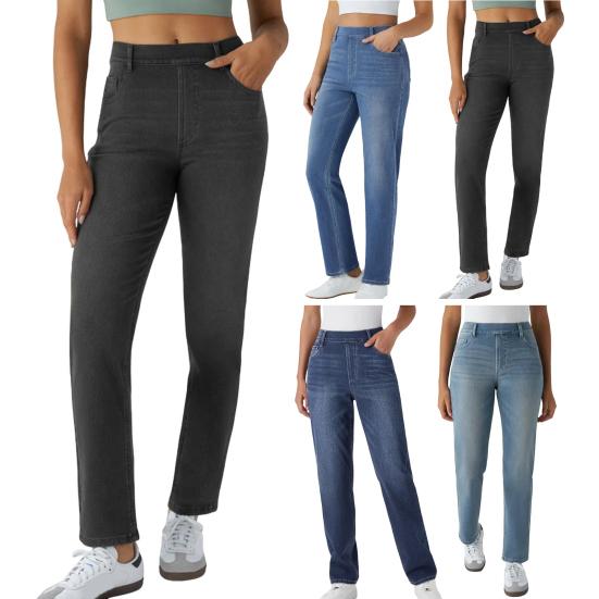 Women's Straight Leg Jeans Pull-On High Waisted Cropped Denim Pants Stretchy Ankle Jeans for Daily Wear Outings